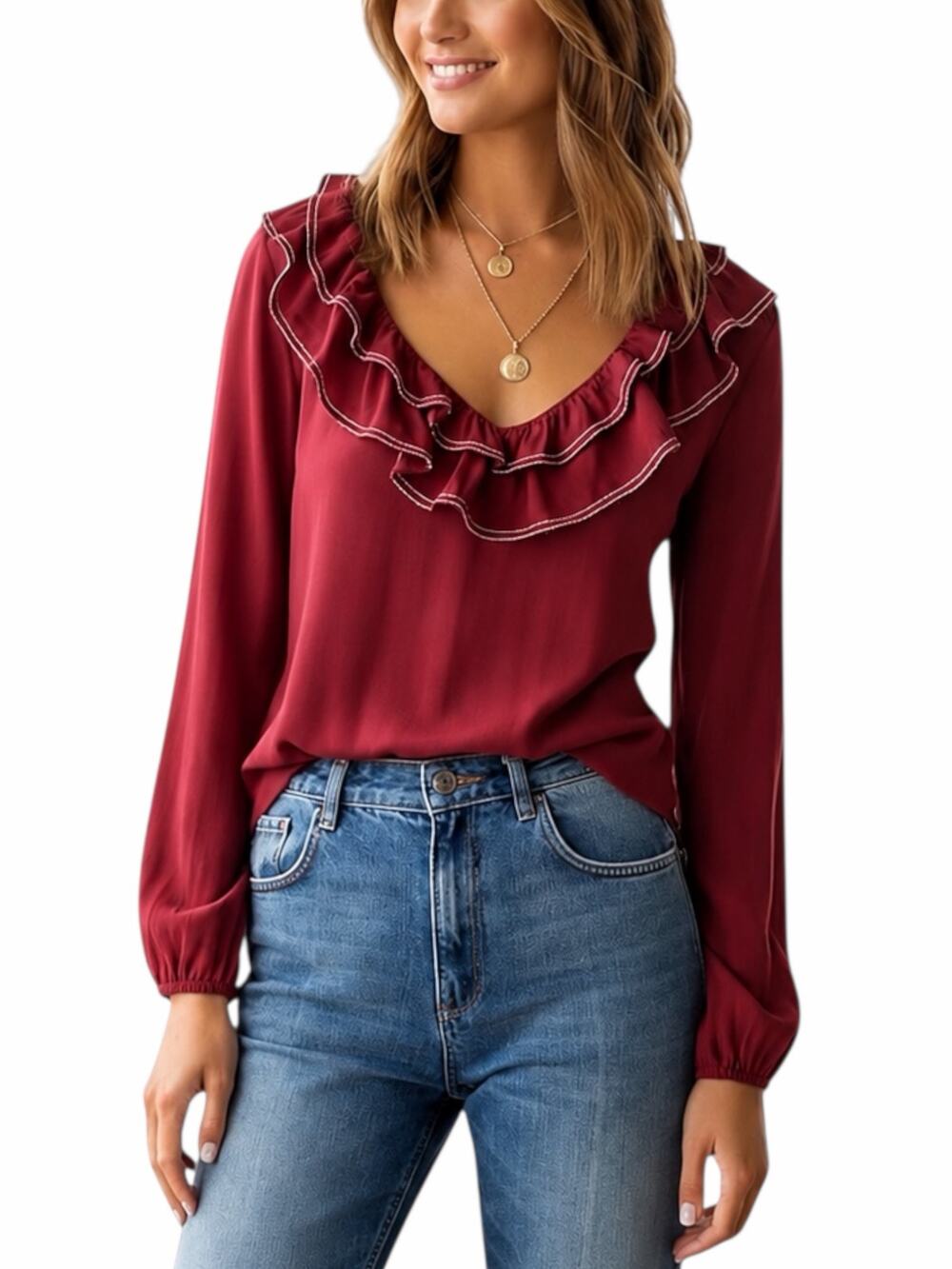 Tularosa Heather Blouse Ruffle Collar Tassel Tie Back Red Size L